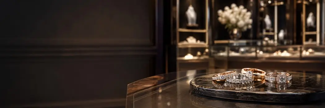 Dark jewelry store interior with lit display cases
